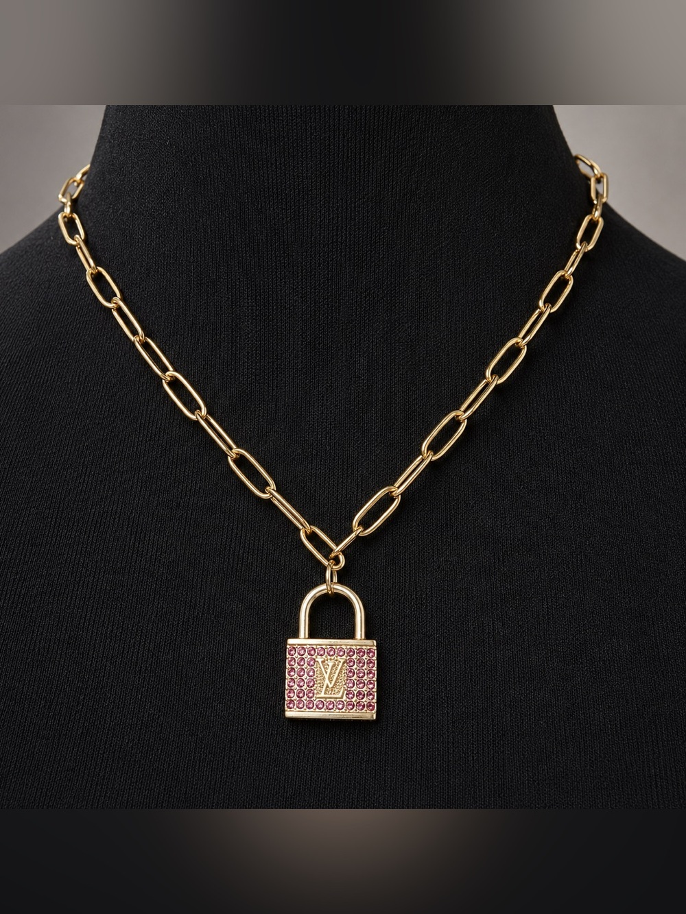 LV Lock Pendant Necklace with Pink Crystals in Gold